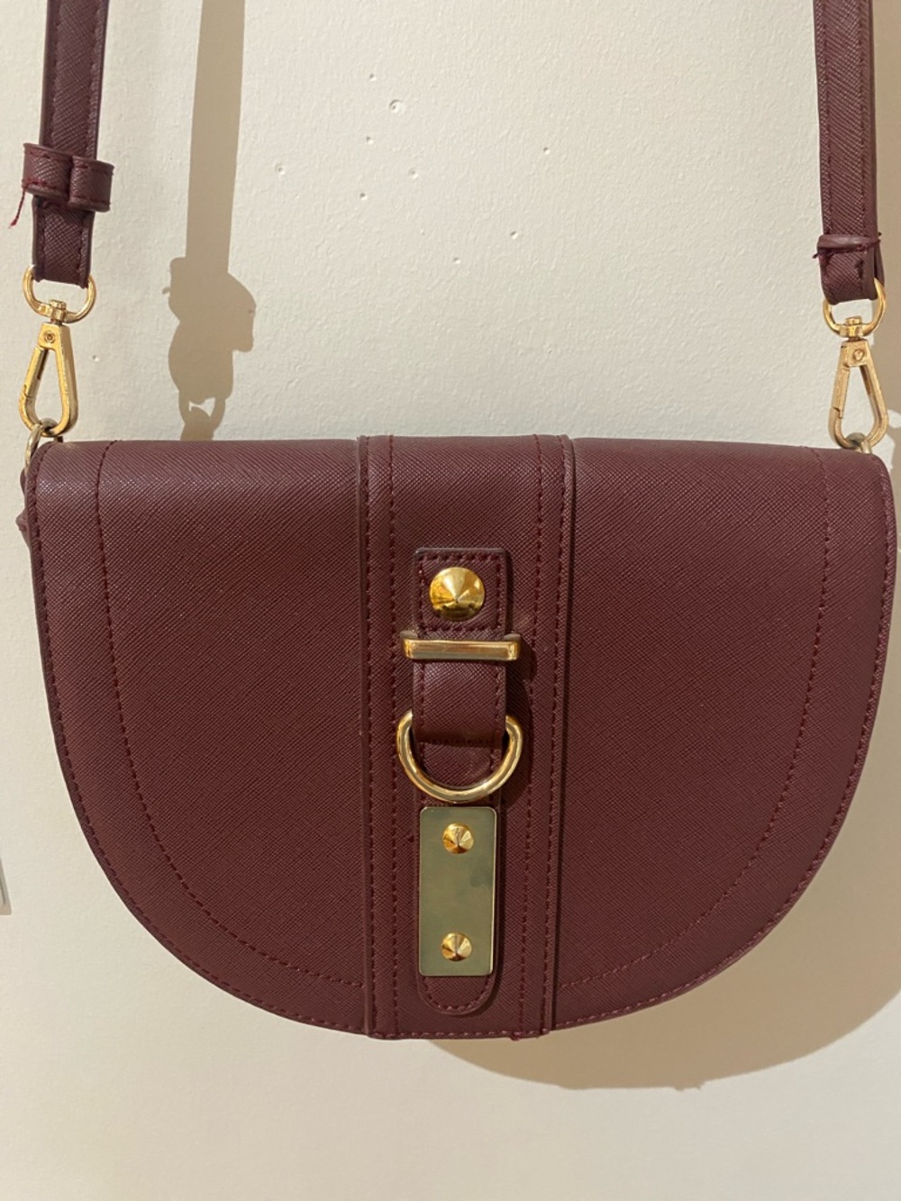 Leather-Style Crossbody Saddle Bag in Burgundy with Gold Hardware